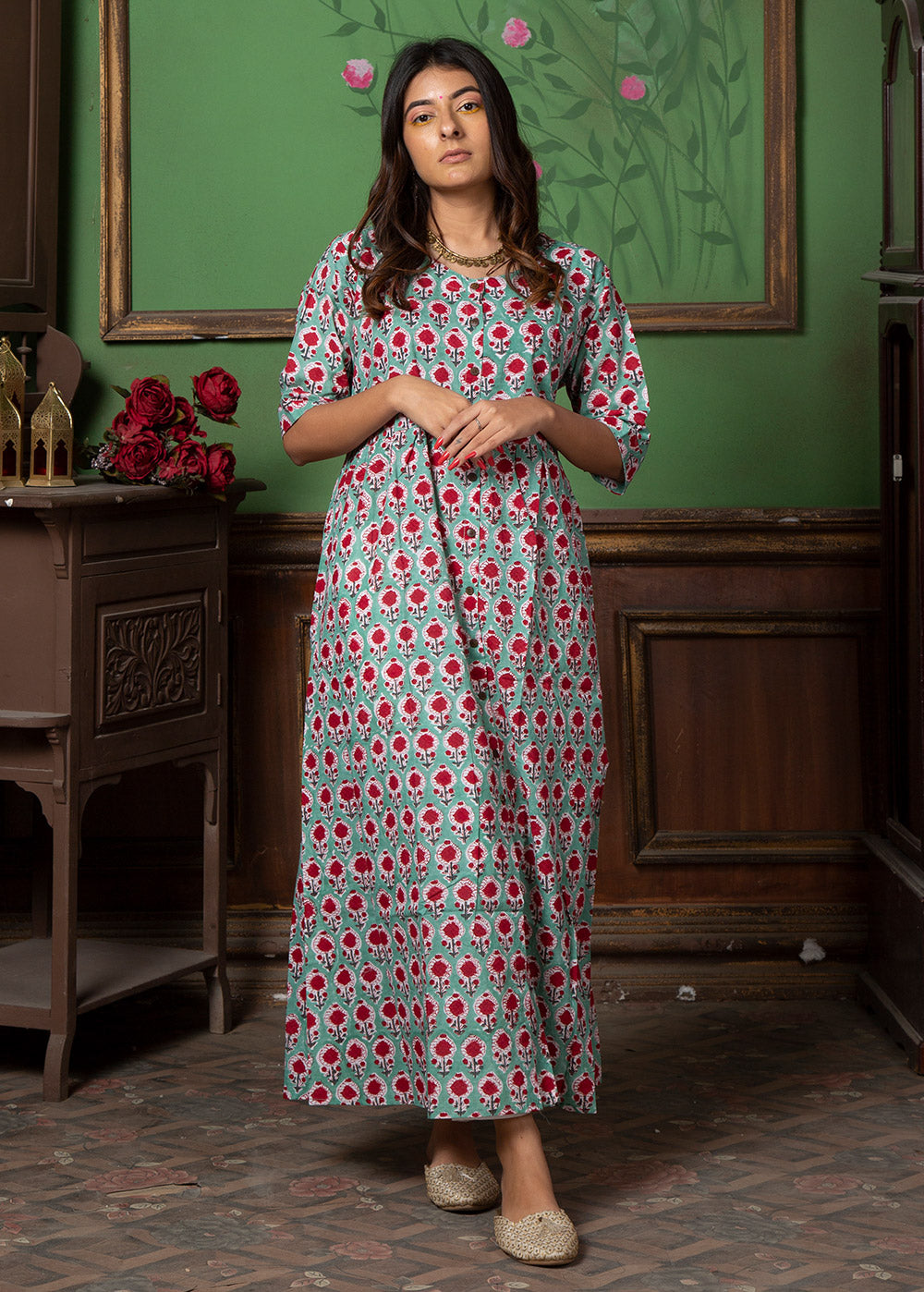 Rosy Hand Block Cotton Maxi Dress